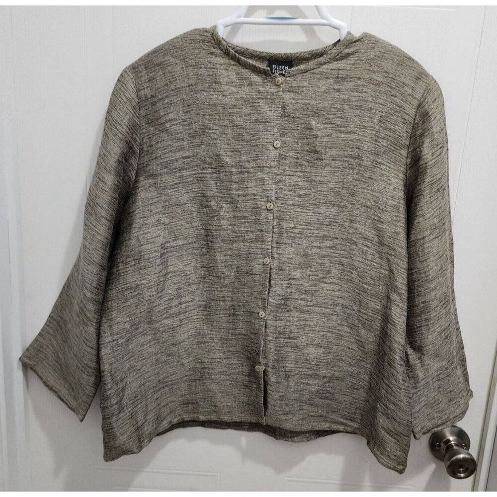 Eileen Fisher Women's 3/4 Sleeve Button Up Top Linen Blend Brown Lagenlook Sz S